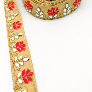 Beige Silk Trim With Mirrors Embellishments and Gold Embroidery, Approx. 38mm Wide, Decorative Trim Costume Trim Floral Trim By Yard